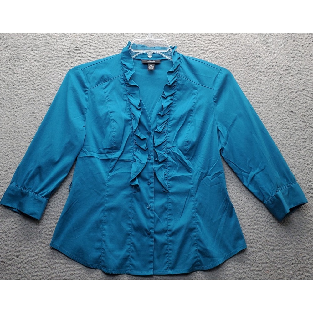 Alfani Shirt‎ Top Women's Petite 8 Blue Long Sleeve Ruffle V-Neck Button Front